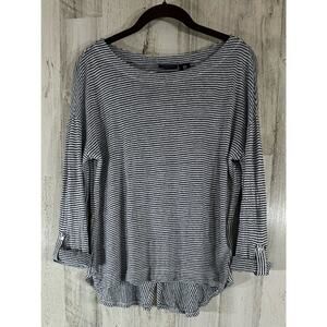 Adrienne Vittadini Linen Top Tunic‎ Womens Small Navy Striped Roll Tab Sleeve